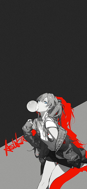 Asuka Langley Soryu Anime Girl Blowing Bubblegum in Grayscale and Red Art Style HD phone wallpaper