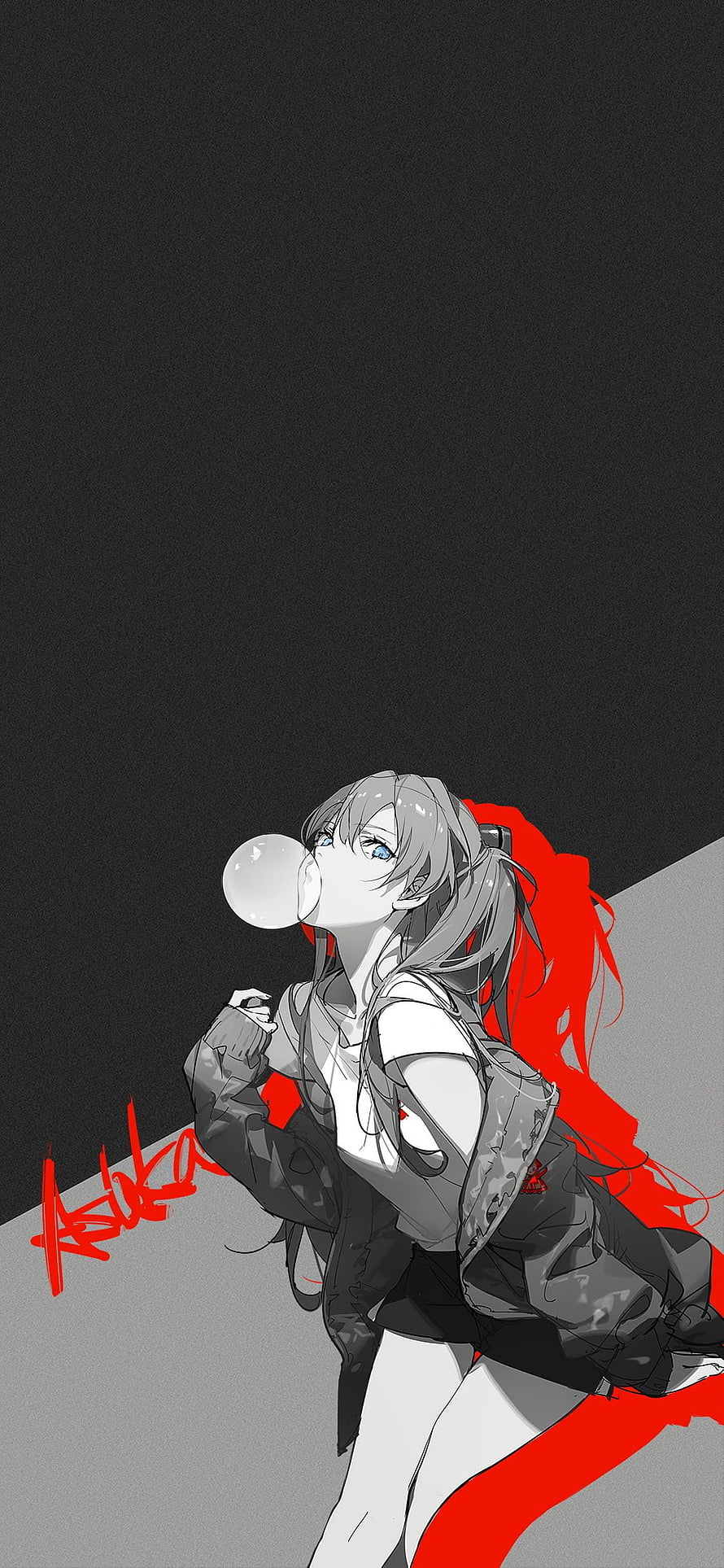 Asuka Langley Soryu Anime Girl Blowing Bubblegum in Grayscale and Red Art Style HD phone wallpaper