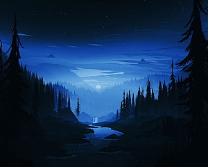 Mikael Gustafsson Digital Art of a Serene Nighttime Forest Landscape with Moonlit River and Distant Mountains HD wallpaper