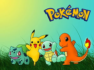 Pokémon Kanto Starters and Pikachu in a Sunny Grass Field HD wallpaper