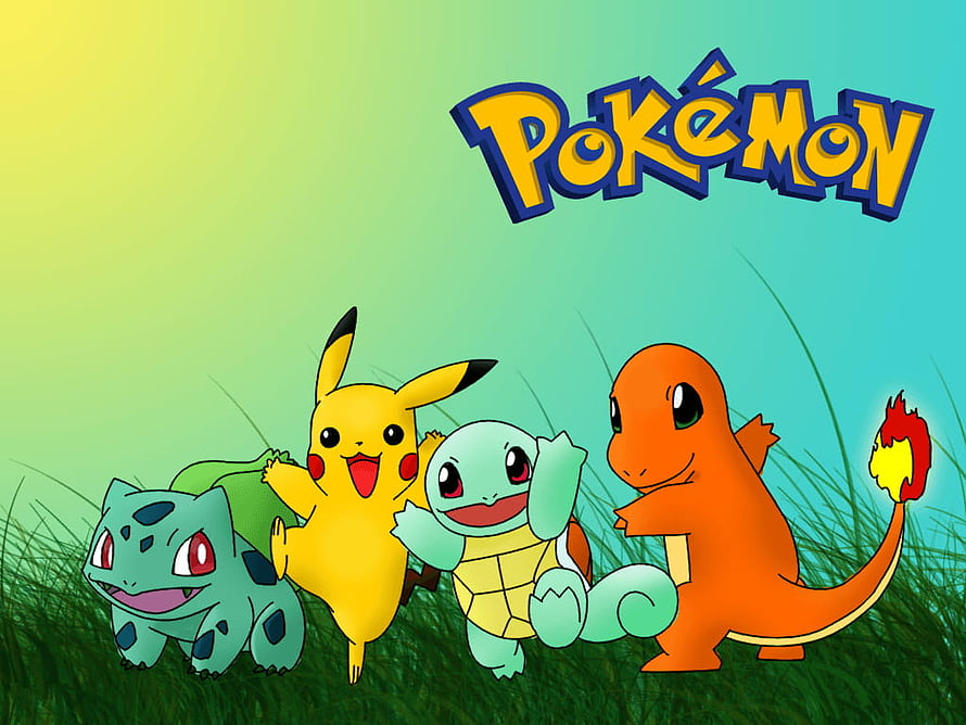 Pokémon Kanto Starters and Pikachu in a Sunny Grass Field HD wallpaper