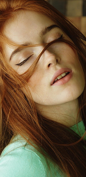 Jia Lissa Close-Up Portrait With Windblown Red Hair And Closed Eyes HD phone wallpaper