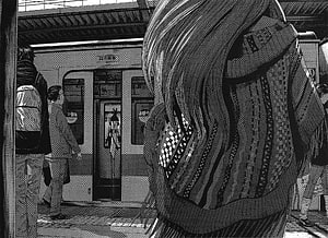 Oyasumi Punpun manga panel showing a girl in a patterned sweater on a crowded train platform HD wallpaper