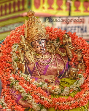 Chamundeshwari Goddess Statue Adorned in Gold Crown and Vibrant Flower Garland HD phone wallpaper