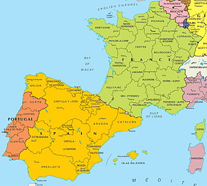 Political Map of Spain and France Showing Regional Boundaries and Major Cities HD wallpaper