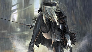 Nier Automata 2B in Heavy Rain with Katana and Dark Armor HD wallpaper
