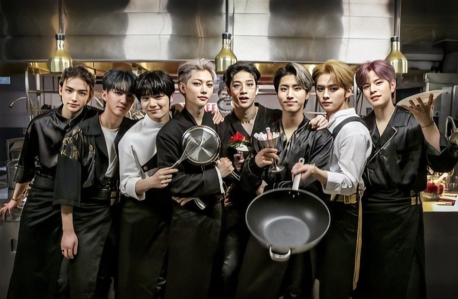 Stray Kids in Chef Attire Holding Kitchen Utensils in Professional Kitchen HD wallpaper