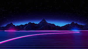 Retro Synthwave Mountain Landscape with Neon Grid and Starry Night Sky HD wallpaper