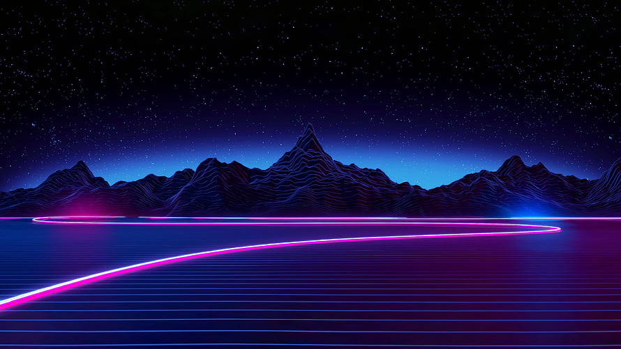 Retro Synthwave Mountain Landscape with Neon Grid and Starry Night Sky HD wallpaper