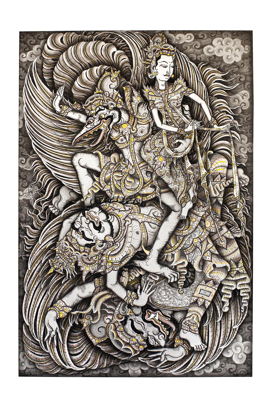 Intricate Wayang Kulit Shadow Puppet Artwork Depicting Mythological Battle Scene HD phone wallpaper