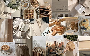 Beige Aesthetic Collage Featuring Coffee, Books, Pastries, and Minimalist Lifestyle Elements HD wallpaper