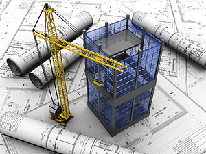3D Architectural Blueprint with Tower Crane and Glass Building Model HD wallpaper