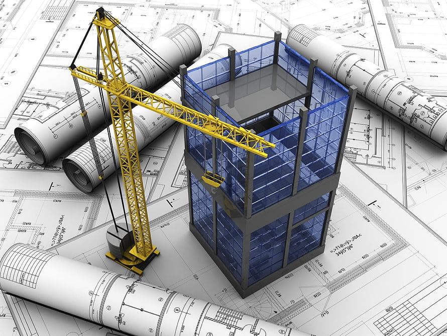 3D Architectural Blueprint with Tower Crane and Glass Building Model HD wallpaper