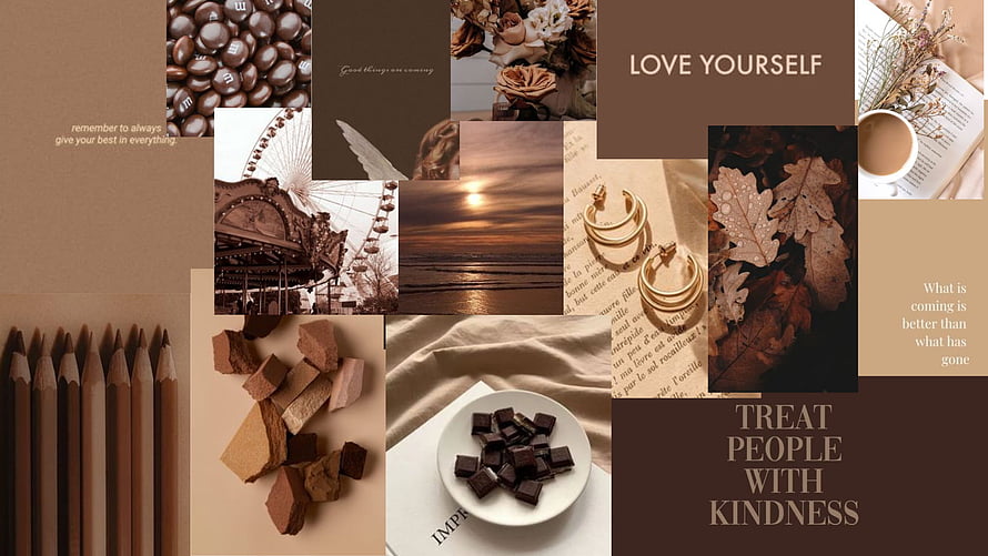 Warm Brown Aesthetic Mood Board with Inspirational Quotes and Lifestyle Elements HD wallpaper