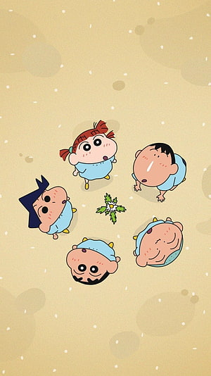 Cute Shin-chan and Friends in Blue Onesies Around a Daisyl on a Beige Background HD phone wallpaper