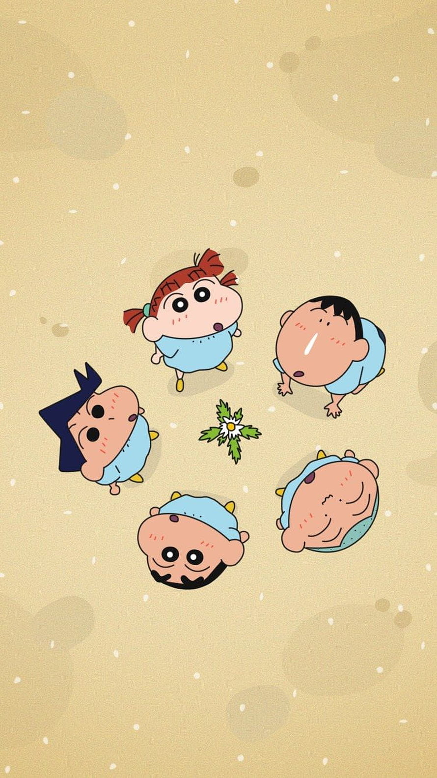 Cute Shin-chan and Friends in Blue Onesies Around a Daisyl on a Beige Background HD phone wallpaper