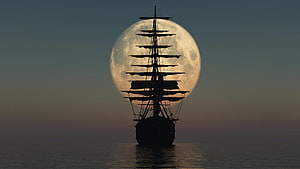 Silhouette of a Tall Ship Sailing Before a Giant Full Moon on Calm Waters HD wallpaper