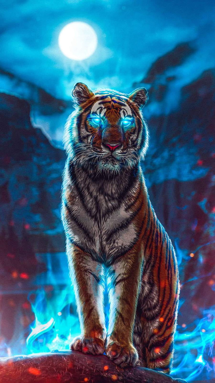 Mystical Tiger with Glowing Blue Eyes and White Facial Markings Under a Full Moon HD phone wallpaper