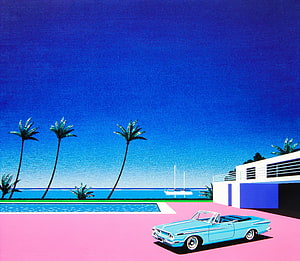 Hiroshi Nagai Pink Driveway Artwork with Classic Convertible and Palm Trees HD wallpaper