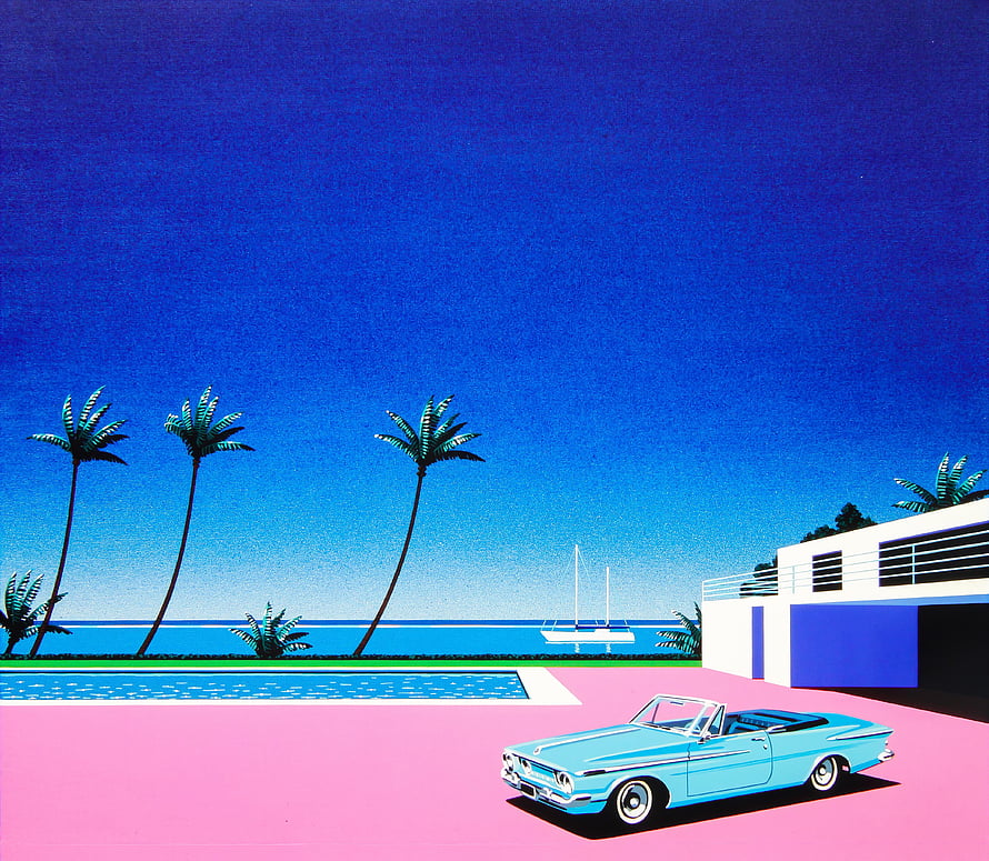 Hiroshi Nagai Pink Driveway Artwork with Classic Convertible and Palm Trees HD wallpaper