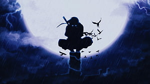 Itachi Uchiha Silhouette in Stormy Rain with Crows and Lightning HD wallpaper