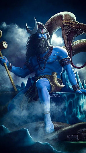 Lord Shiva Reclining on Cosmic Serpent with Crescent Moon and Trishula HD phone wallpaper