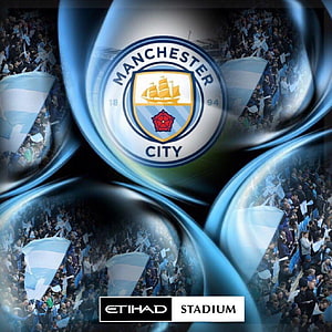 Manchester City Etihad Stadium Crowd Wallpaper With Club Crest And Light Blue Bubbles HD phone wallpaper