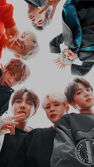 BTS Group Portrait Looking Down From Above With Hand Gestures HD phone wallpaper