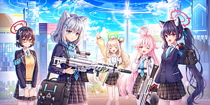 Blue Archive Anime Girls in School Uniforms with Weapons in a Bright City HD wallpaper