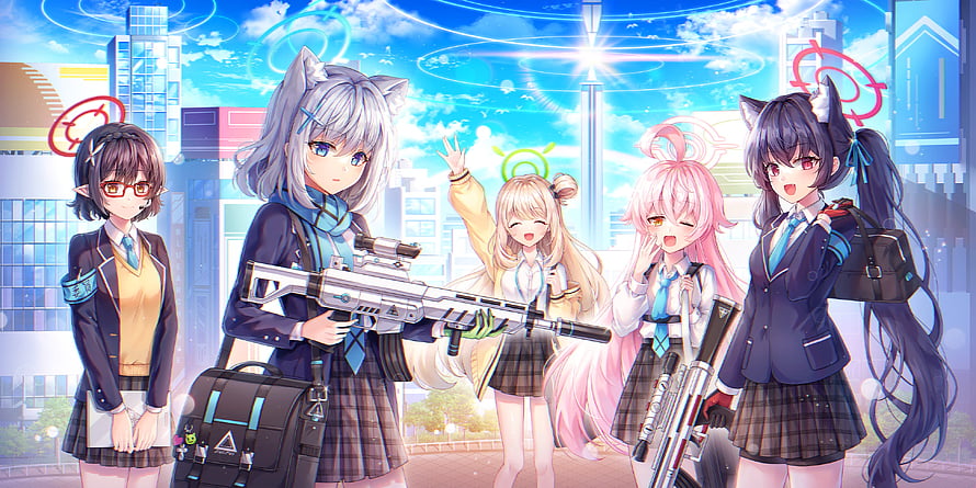 Blue Archive Anime Girls in School Uniforms with Weapons in a Bright City HD wallpaper
