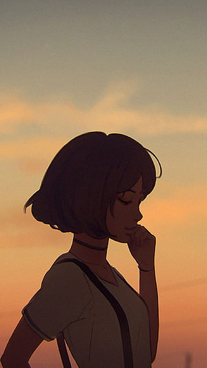 Lofi Girl Silhouette Against Warm Sunset Sky in Contemplative Anime Style HD phone wallpaper