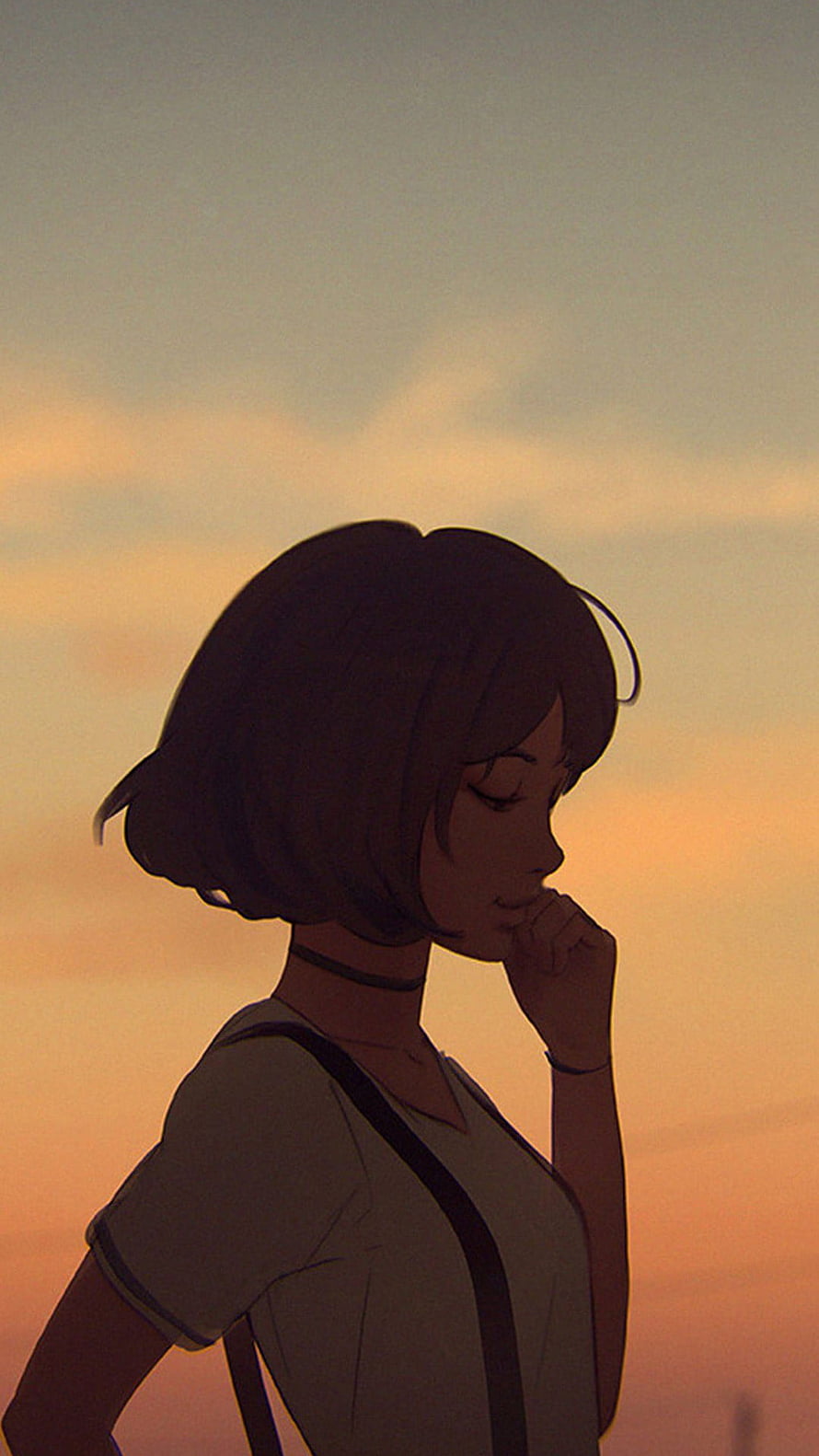 Lofi Girl Silhouette Against Warm Sunset Sky in Contemplative Anime Style HD phone wallpaper