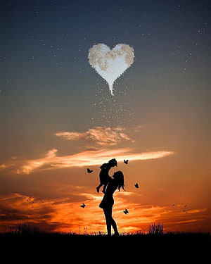Mother and daughter silhouette at sunset with heart-shaped cloud and butterflies HD phone wallpaper