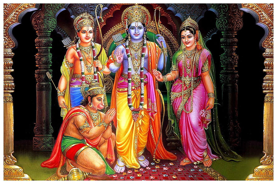 Ram Darbar: Lord Rama, Sita, Lakshmana, and Hanuman in Traditional Indian Temple Art HD wallpaper