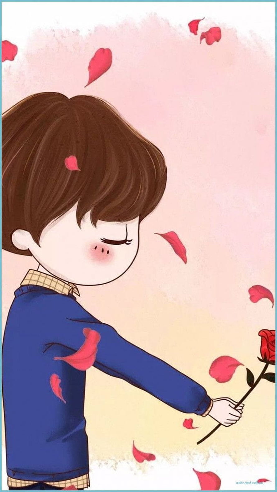 Cute Cartoon Boy Holding Red Rose With Falling Petals HD phone wallpaper