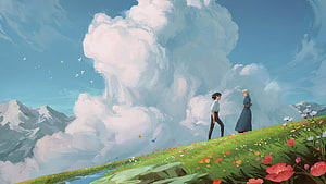 Howl's Moving Castle Fantasy Landscape with Two Characters on a Flowering Hill HD wallpaper
