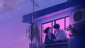 Lofi Couple Sharing a Quiet Moment on a Balcony Under a Starry Night Sky HD wallpaper