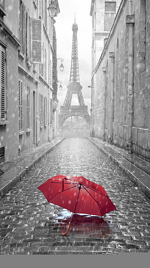 Red Umbrella on Cobblestone Street in Paris with Eiffel Tower in Rain HD phone wallpaper