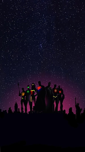 Justice League Silhouettes with Neon Emblems Against a Starry Night Sky HD phone wallpaper