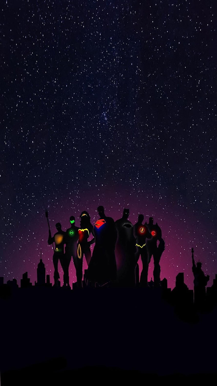 Justice League Silhouettes with Neon Emblems Against a Starry Night Sky HD phone wallpaper