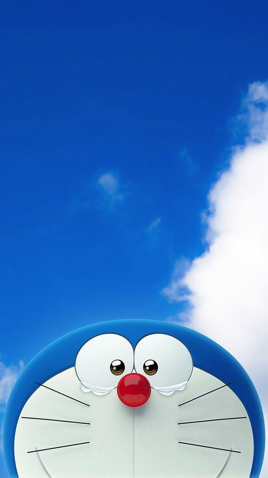 Doraemon Peeking From Below Against A Bright Blue Sky With Fluffy White Clouds HD phone wallpaper