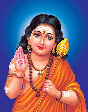 Murugan Deity Portrait in Orange Saree Holding Gada and Rudraksha Mala HD phone wallpaper