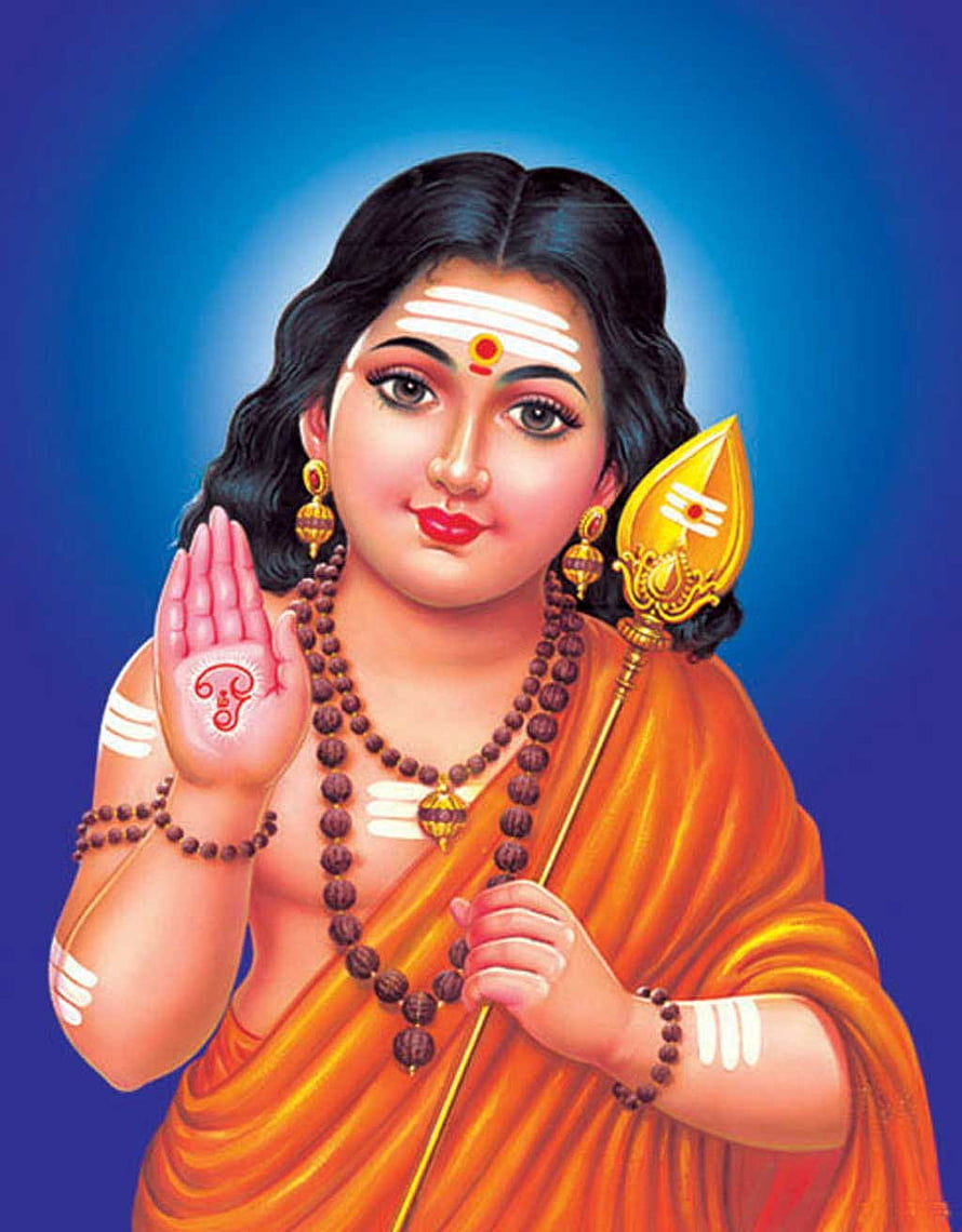Murugan Deity Portrait in Orange Saree Holding Gada and Rudraksha Mala HD phone wallpaper