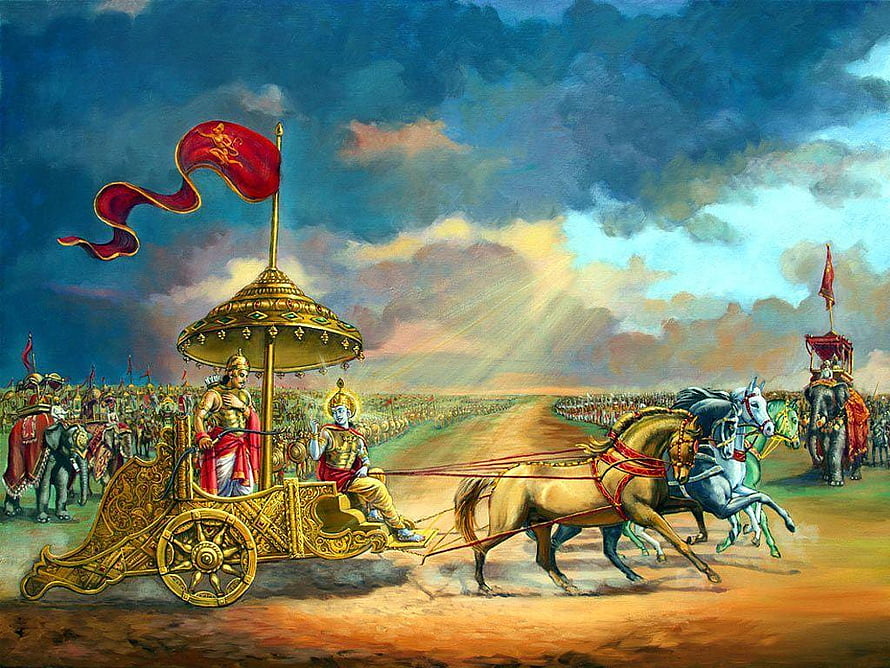 Krishna and Arjuna in the Divine Chariot During the Mahabharata War HD wallpaper