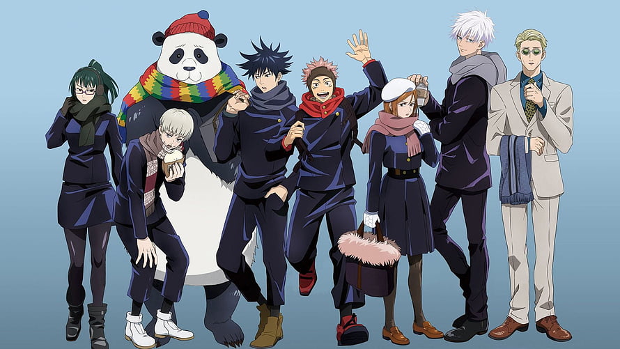 Jujutsu Kaisen Winter Group Portrait Featuring Panda and Main Characters in Coats HD wallpaper