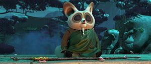 Master Shifu from Kung Fu Panda in a serene meditative pose with a staff in a misty forest setting HD wallpaper