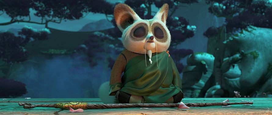 Master Shifu from Kung Fu Panda in a serene meditative pose with a staff in a misty forest setting HD wallpaper