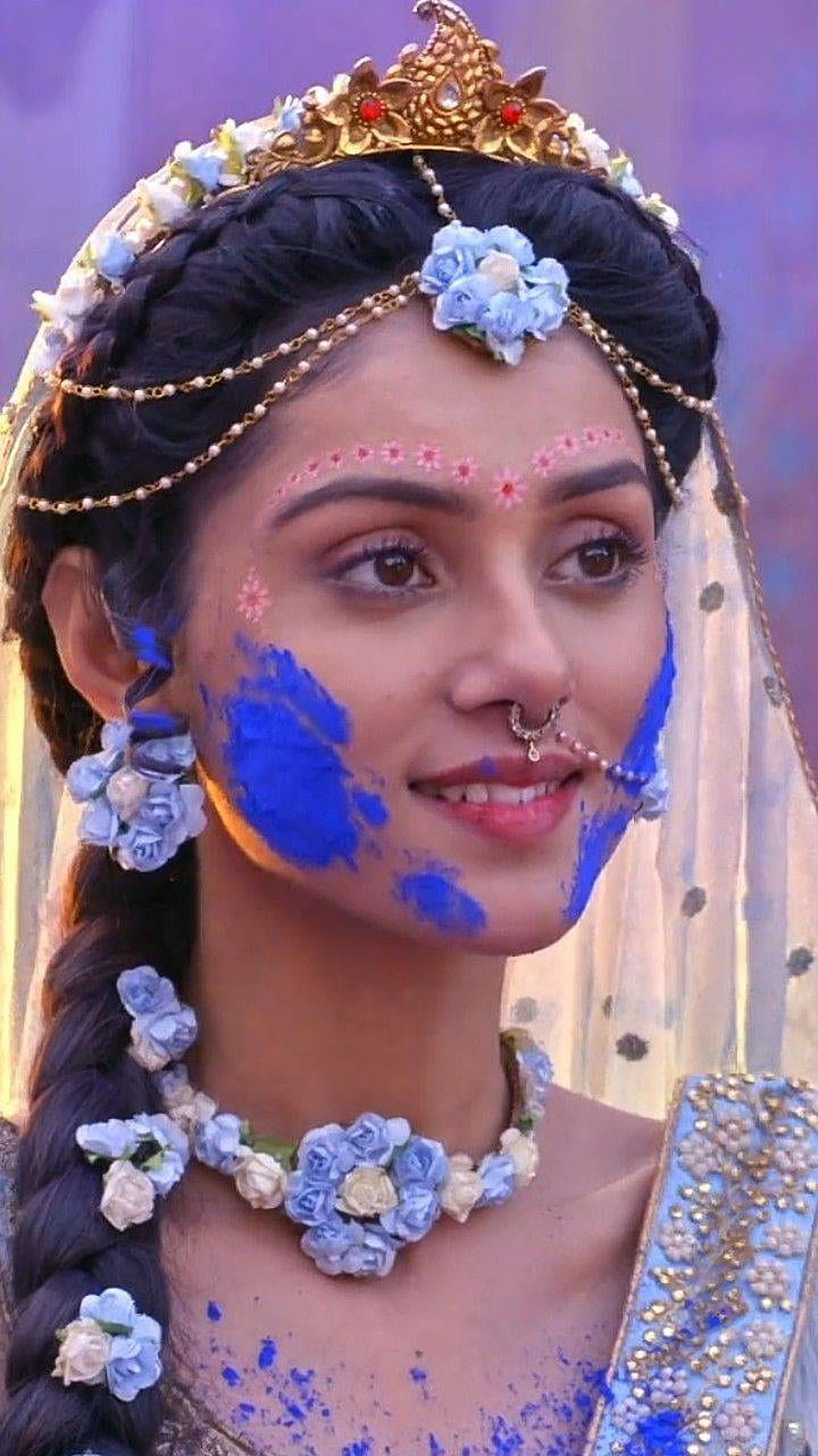 Mallika Singh in Traditional Indian Bridal Attire with Floral Crown and Blue Henna Face Paint HD phone wallpaper