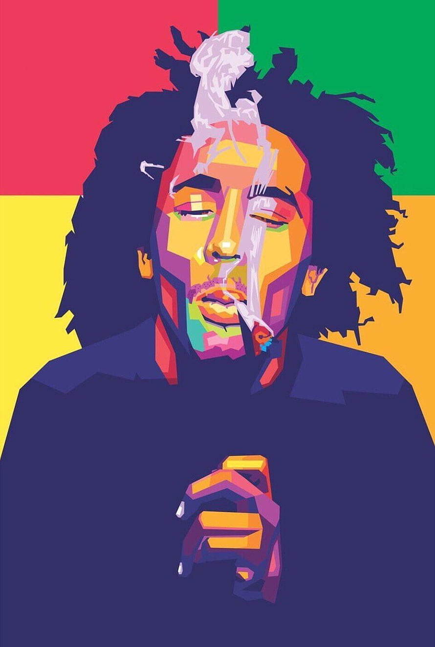 Vibrant Pop Art Portrait of Bob Marley Smoking a Joint Against a Rasta Flag Background HD phone wallpaper
