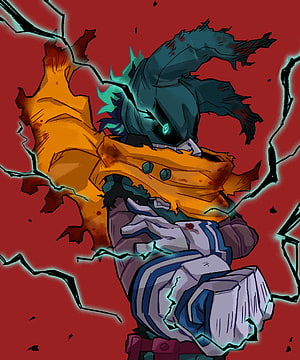 Vigilante Deku in Dark Tattered Costume with Glowing Eyes and Cracked Red Background HD phone wallpaper